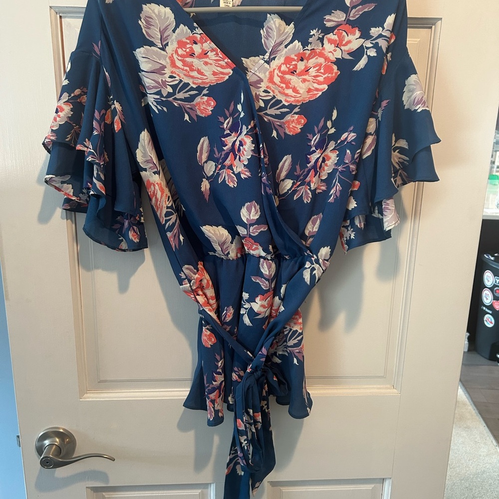 Krazy Kat Floral Ruffle Blouse - Navy and Coral